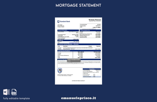 stile verificato Estratto conto ipotecario Malawi Standard Bank Malawi Modello W